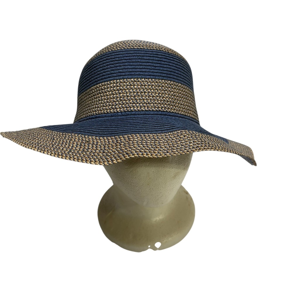 D&Y Womens Navy Blue Tan Striped Woven Brim Floppy Sun Hat Beach‎ Summer Travel